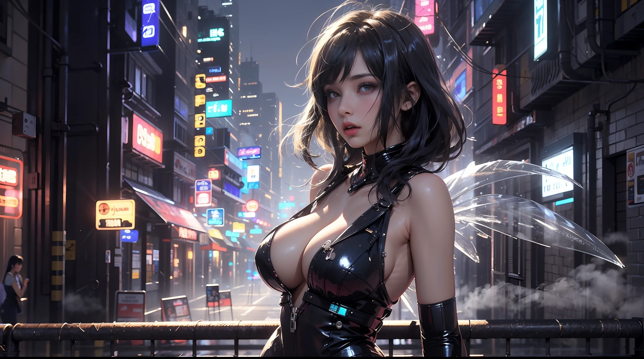 1girll,Solo,mediuml breasts,Mechanical wings (Shiny black hair),Half-human, half machine， (cleavage), Slim and sexy body, hyper HD, 8K，dramatics，（Mid-range portrait），The city of the future，street corner，the night，Sateen，volume fog，steamy