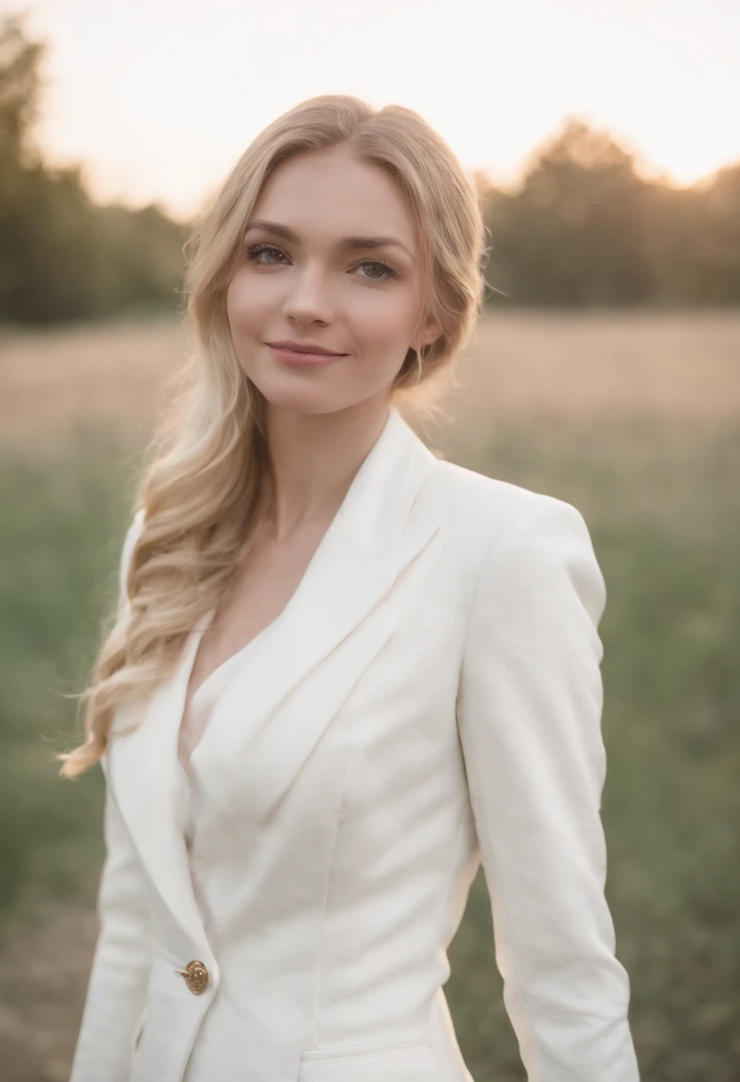 Gwendolyn Stacy enters the world of spiders, Aim for a《Step into Spider-Man》Film Style, Stood up, Looking at the camera, Pitch black background, Oredo Wallpapers, White suit, Smiling,a blond