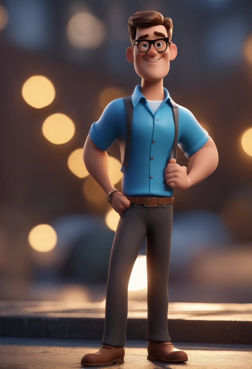 Cartoon character of a man with black glasses and a blue shirt, animation character, Caractere estilizado, animation style rendering, 3D estilizado, Arnold Maya render, 3 d render stylized, toon render keyshot, Personagem 3D, Personagem 3D, 3d rendering stylized, 3 d character render, personagem de desenho animado, Personagem de close up, Pose de personagem,  (Estilo Pixar) (master part:1.2) (Bokeh) (best quality) (pele detalhada) (textura detalhada) (8k) (argila) (Cinematic lighting) (foco nítido