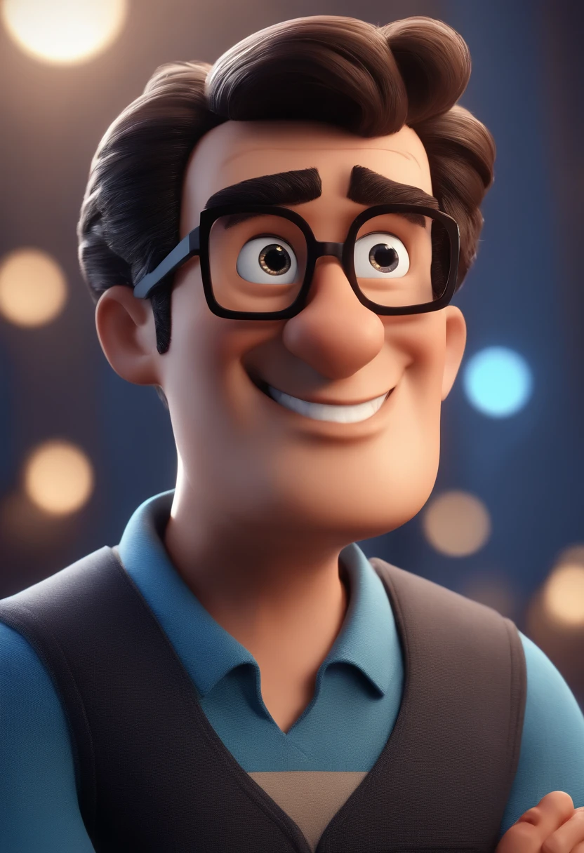 Cartoon character of a man with black glasses and a blue shirt, animation character, Caractere estilizado, animation style rendering, 3D estilizado, Arnold Maya render, 3 d render stylized, toon render keyshot, Personagem 3D, Personagem 3D, 3d rendering stylized, 3 d character render, personagem de desenho animado, Personagem de close up, Pose de personagem, (Estilo Pixar) (master part:1.2) (Bokeh) (best quality) (pele detalhada) (textura detalhada) (8k) (argila) (Cinematic lighting) (foco nítido