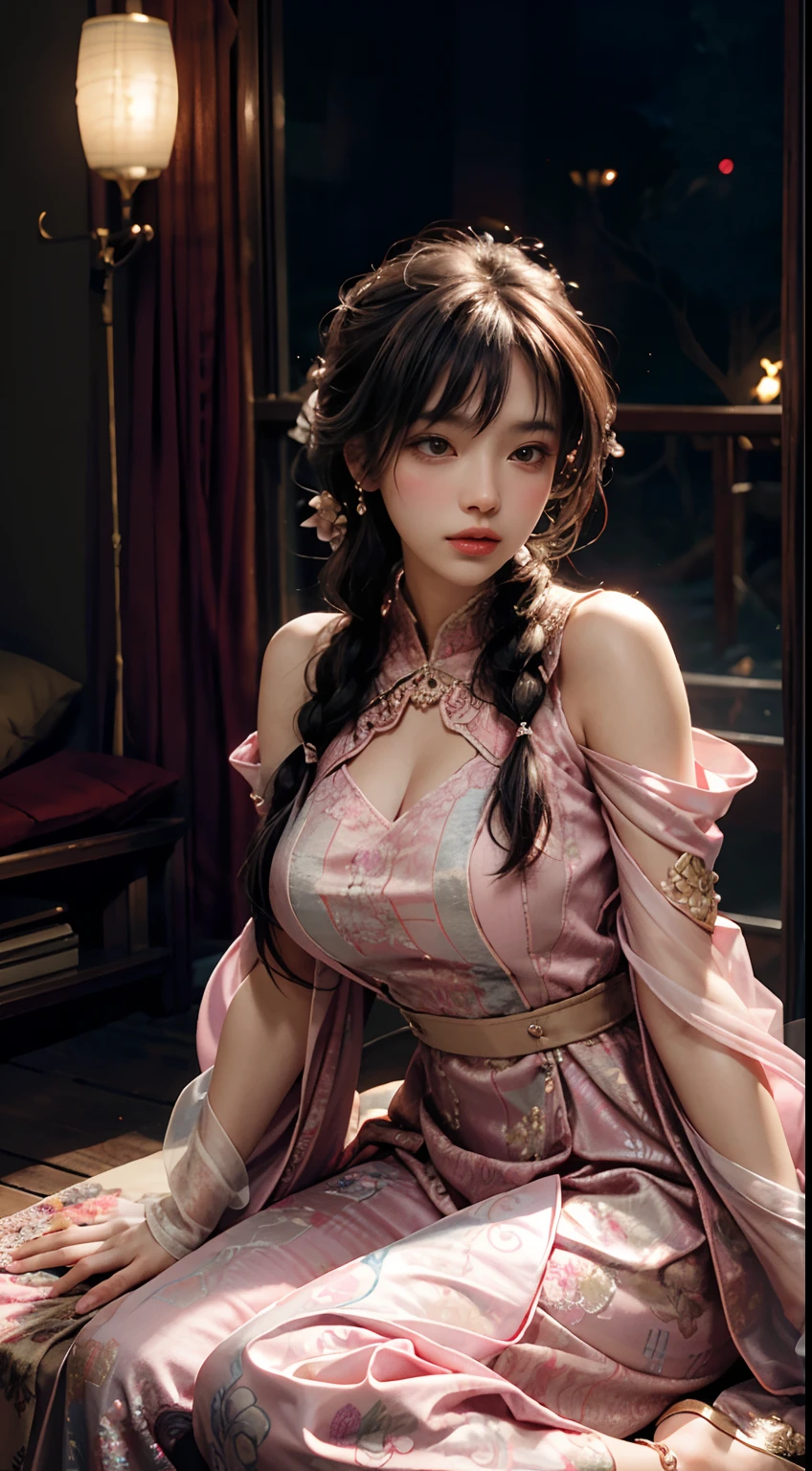 The art depicts a charming woman in a flowing, silky traditional oriental dress in pink, tight translucent trousers, decorated with intricate patterns and bright colors. Her dress drapes elegantly over her curvy figure, accentuating her seductive silhouette. She stands gracefully by the tranquil lotus lake, bathed in the soft glow of the moonlight. The scene exudes an ethereal and dreamy atmosphere, with a touch of mystery and sexiness. The graphic style blends watercolor and digital illustration techniques to evoke a refined beauty and charm. The lights are filled with soft moonlight, casting soft highlights and shadows on her charming features. Bare thighs, wearing tight translucent pants, large breasts, three-dimensional facial features, sitting, upturned legs, side braids