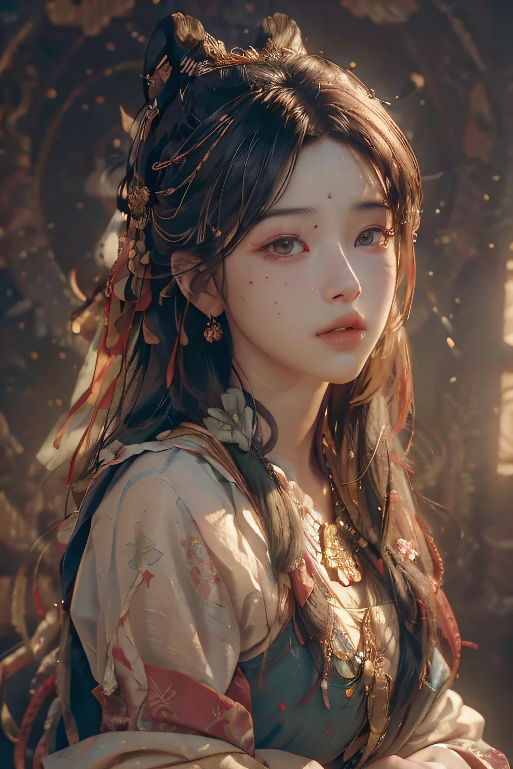(RAW photo, best quality), (realistic, photo-realistic:1.3),best quality,highly detailed,masterpiece,ultra-detailed,illustration,1girl,upper_body,dynamic angle,world masterpiece theater,messy_long_hair,best quality,extremely detailed CG unity 8k wallpaper,ink,Amazing,cinematic lighting,lens_flare, dunhuang_style