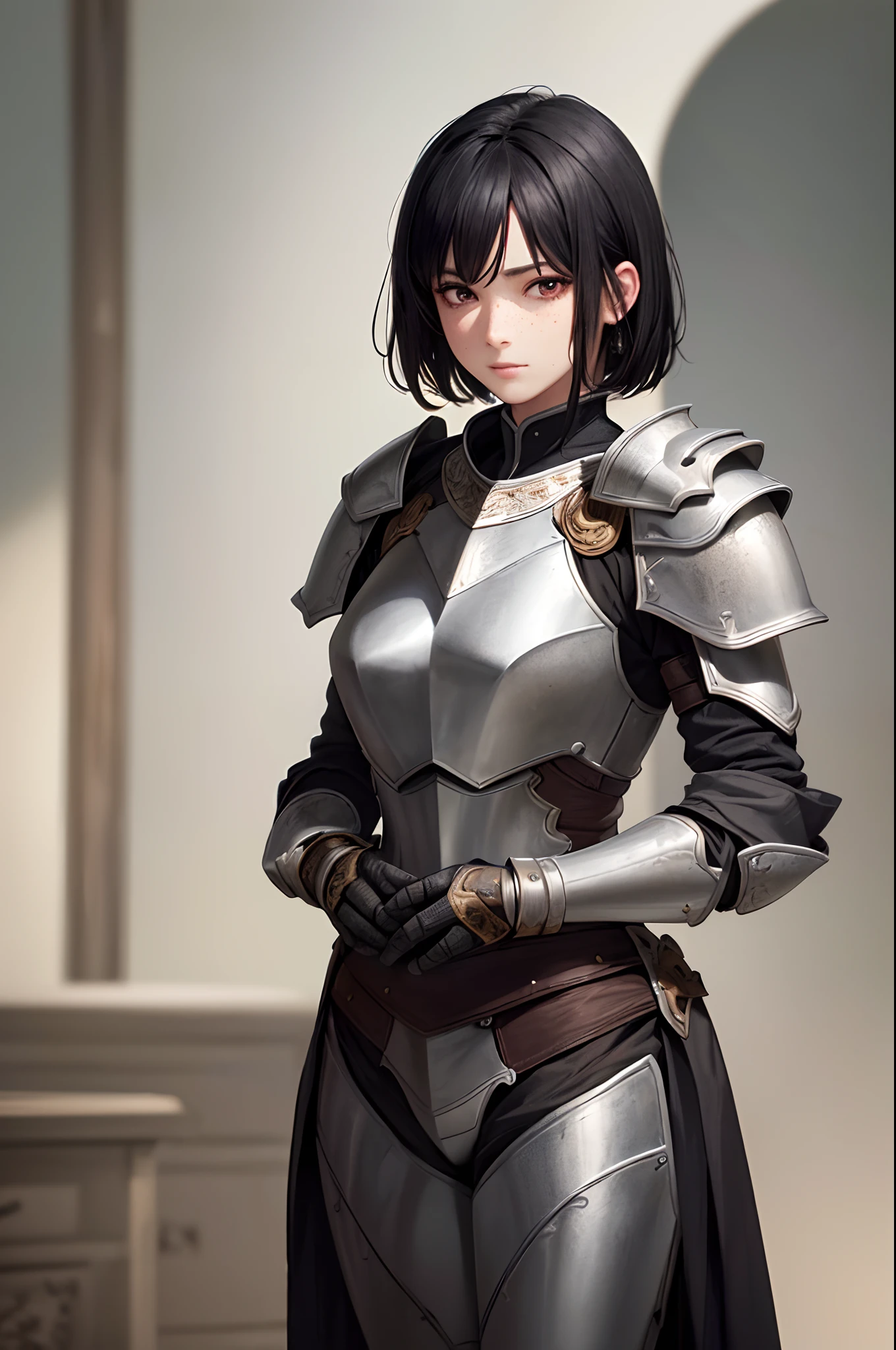 masterpiece, (realistic), highres, highly detailed, intricate, beautiful woman, Short Black hair, red eyes, freckles, detailed face, knight, armor