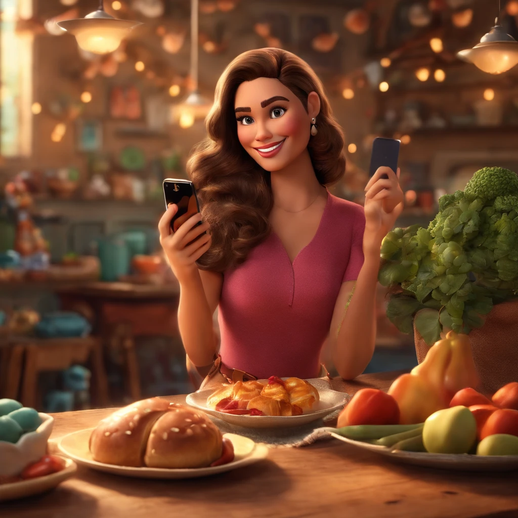 Um filme inspirado na Disney Pixar (15 YEAR OLD WHITE WOMAN BLACK HAIR SHORT CELL PHONE IN HAND,Beard only on the chin) dentro A cena estar na arte distinta do estilo PIXAR, descolada e estilosa