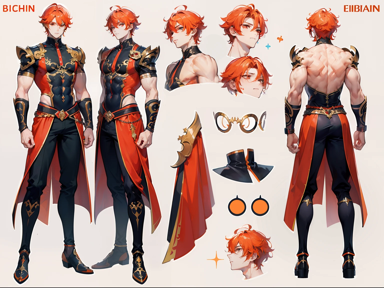 ((Masterpiece, Highest quality)), Male, boy, Detailed face, character design sheet,full body esbian, Full of details, frontal body view, back body view, Highly detailed, Depth, Many parts, Muscle boy with long orange hair,handsome man, vampire outfit clothes, Genshin Impact, man tall, pectoral muscles, abs