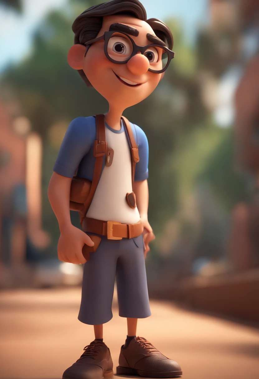 Cartoon character of a man wearing black glasses and a blue shirt, um personagem animado, Caractere estilizado, animation style rendering, 3D estilizado, Arnold Maya render, 3 d render stylized, toon render keyshot, Personagem 3D, Personagem 3D, 3d rendering stylized, 3 d character render, personagem de desenho animado, Personagem de close up, Pose de personagem, (Estilo Pixar) (master part:1.2) (Bokeh) (best quality) (pele detalhada) (textura detalhada) (8k) (argila) (Cinematic lighting) (foco nítido,Senta e vaza a parte superior do corpo
