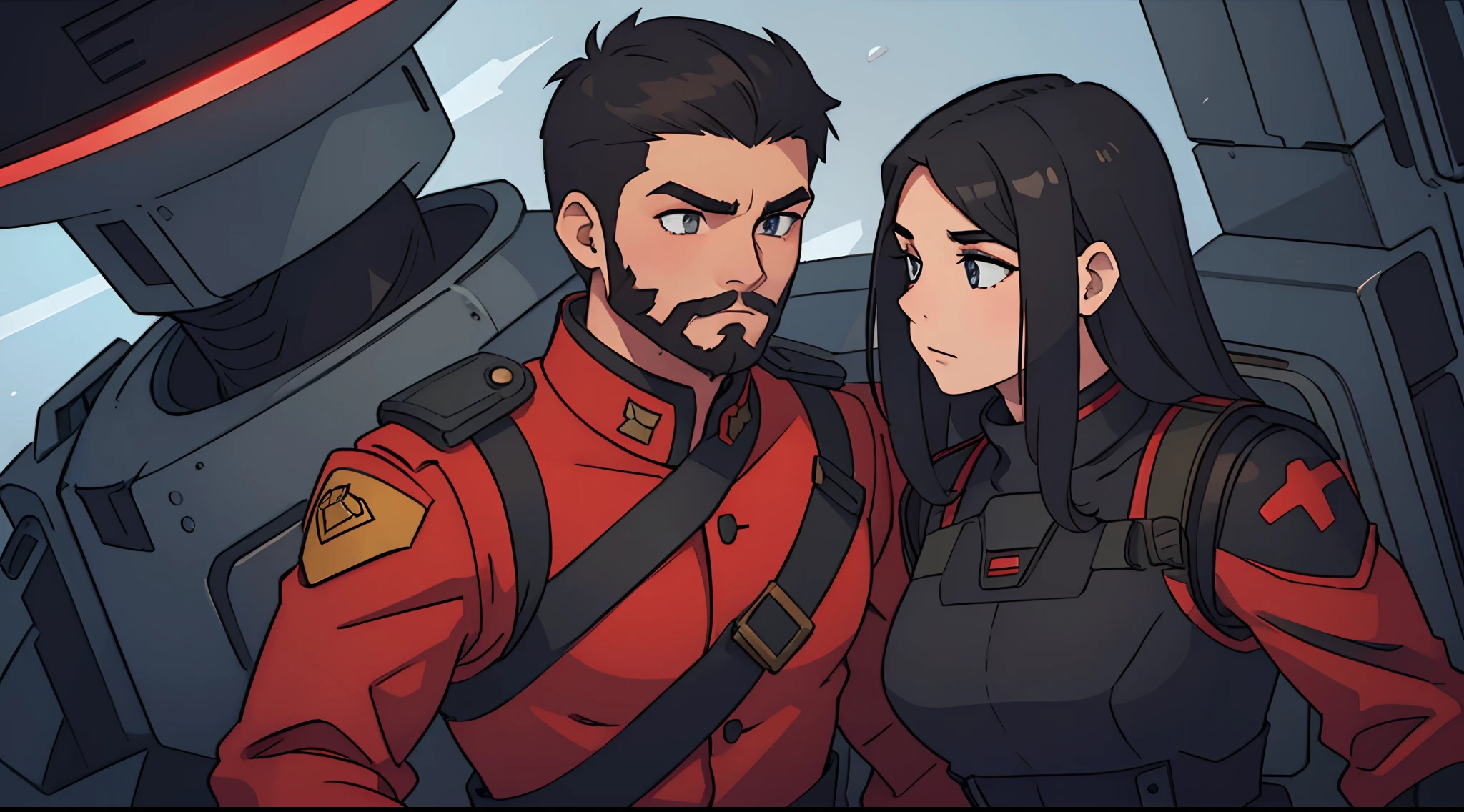man. male future soldier with long black hair, short beard, red uniform. muscular man. futuristic soldier. sci-fi