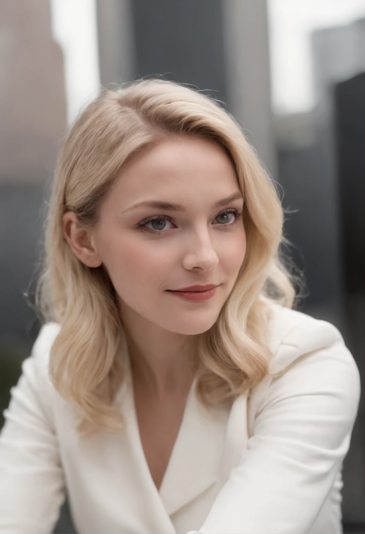 Gwendolyn Stacy enters the world of spiders, Aim for a《Step into Spider-Man》Film Style, Stood up, Looking at the camera, Pitch black background, Oredo Wallpapers, White suit, Smiling,a blond