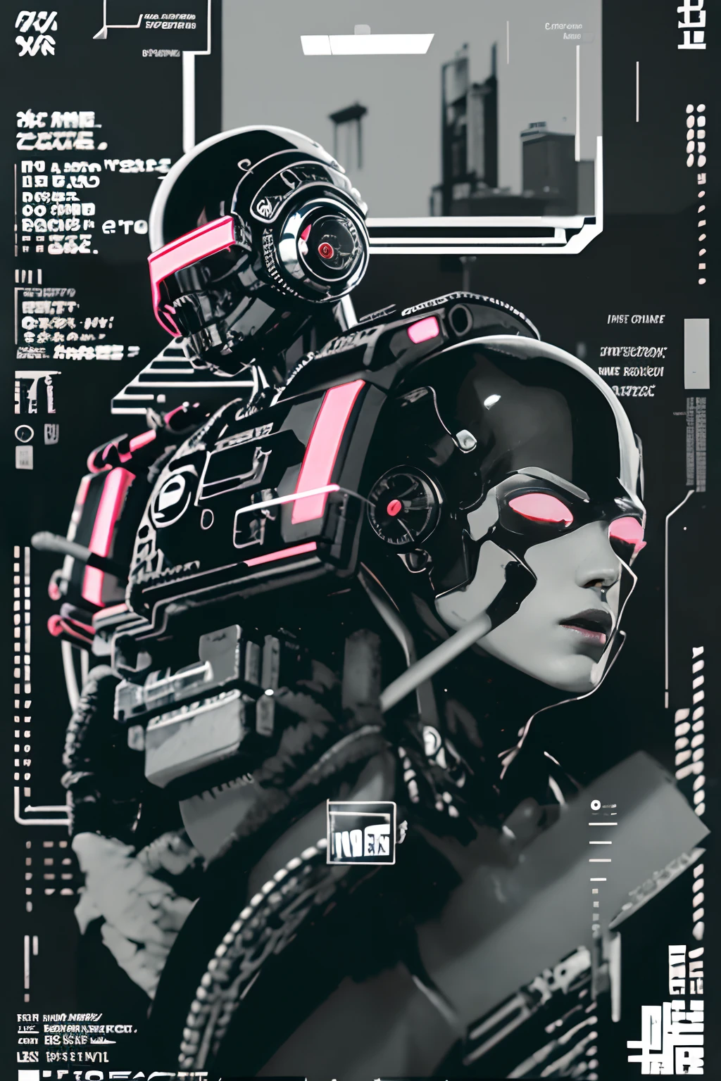 Depict face emerging from the shadows, magazine cover, poster art, cyborg Police, hint of chromatic neon