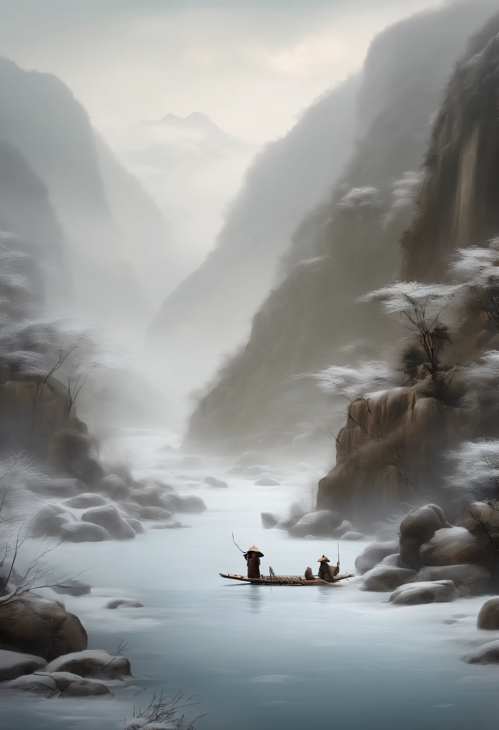 Thousands of mountains extinct bamboo raft old man fishing on bamboo raft ice and snow weather extreme cold gloomy weather best quality, Ultra-high resolution, 4K detailed ink flowers, Chinese painting style