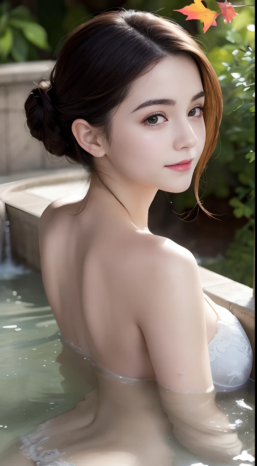 (A hyper-realistic), (hight resolution), (8K), (ighly detailed), (beatiful detailed eyes), (top-quality), (ultra-detailliert), (​masterpiece), (Detailed face), (masutepiece、Photoreal Stick)(​masterpiece:1.3)、A tourist destination with beautiful autumn leaves、A venerable luxury hot spring inn、Luxurious Japanese-style room with open-air bath、A very beautiful woman is taking a bath、With a very beautiful back、extremely beautiful lady、Detailed depiction of black hair, Skin and eyes、very beautiful back、Slightly red skin、Autumn leaves falling in the bathtub、Clear blue sky、In good weather、extremely beautiful lady、Staring at me、Woman smiling gently、On Emma Watson's face、The ultra -The high-definition、Precise depiction、With an angle that looks like it was taken by a professional photographer、With proper lighting、