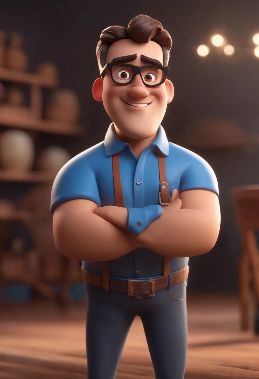Cartoon character of a man with black glasses and a blue shirt, animation character, Caractere estilizado, animation style rendering, 3D estilizado, Arnold Maya render, 3 d render stylized, toon render keyshot, Personagem 3D, Personagem 3D, 3d rendering stylized, 3 d character render, personagem de desenho animado, Personagem de close up, Pose de personagem, (Estilo Pixar) (master part:1.2) (Bokeh) (best quality) (pele detalhada) (textura detalhada) (8k) (argila) (Cinematic lighting) (foco nítido