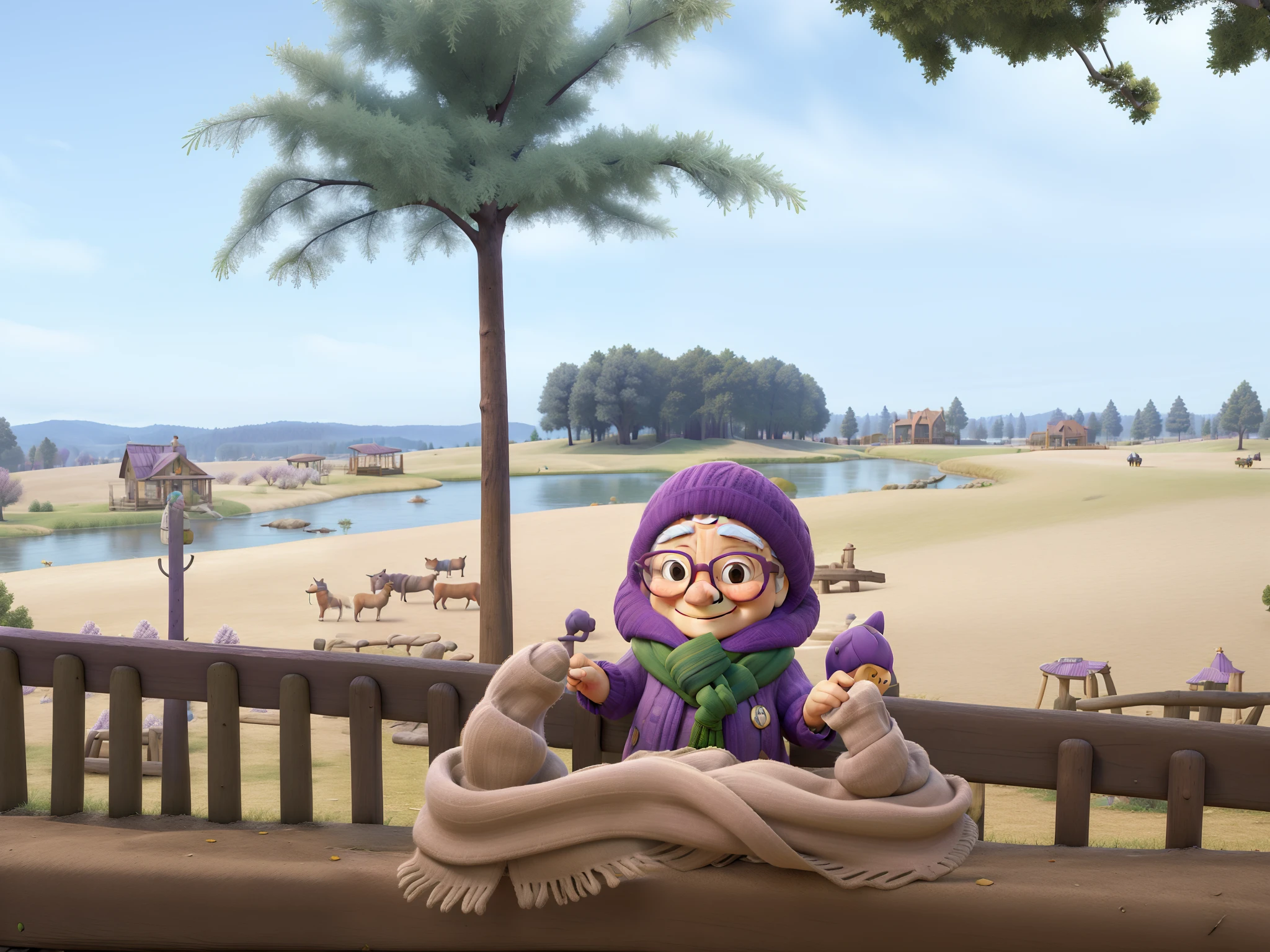 masterpiece, best quality, an old woman with glasses and a scarf on, wearing a purple coat and green scarf, standing at the park