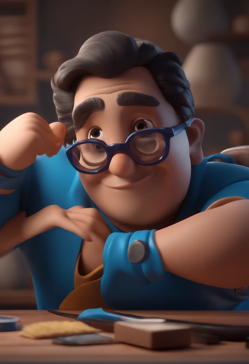 Cartoon character of a painter with black glasses and a blue shirt, animation character, Caractere estilizado, animation style rendering, 3D estilizado, Arnold Maya render, 3 d render stylized, toon render keyshot, Personagem 3D, Personagem 3D, 3d rendering stylized, 3 d character render, personagem de desenho animado, Personagem de close up, Pose de personagem,  (Estilo Pixar) (master part:1.2) (Bokeh) (best quality) (pele detalhada) (textura detalhada) (8k) (argila) (Cinematic lighting) (foco nítido