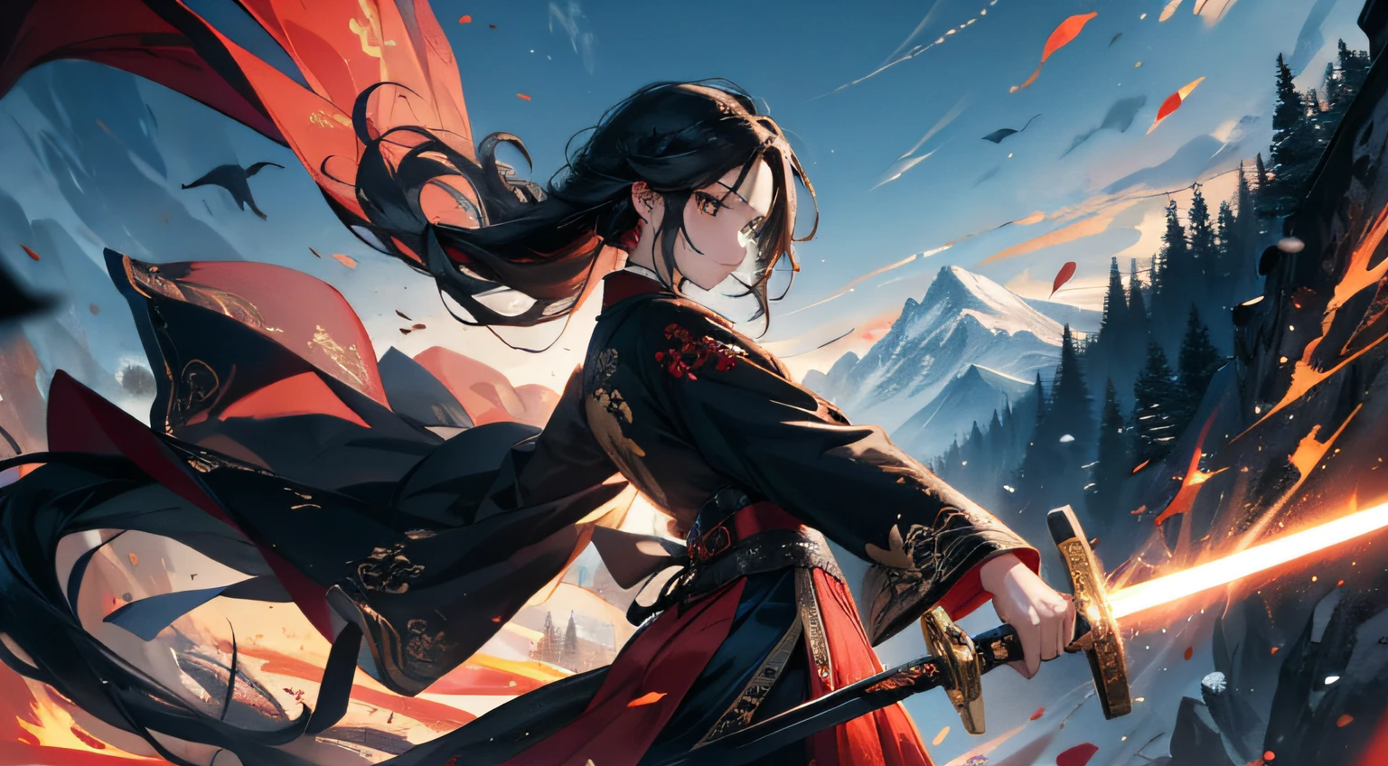 Best picture quality，masterpiece，超高分辨率，16k，Very detailed faces，art stations，poster for，The intense use of color，One-man display，Absolutely beautiful，A girl holding a sword, black hair，Long flowing black hair，Red silk Chinese dress，Hanfu，Embroidery，swinging motion，Standing in anicent sect with a sword on her back, mountain background，Dramatic composition，电影灯光，Front Shooting,  leaves fall in the air