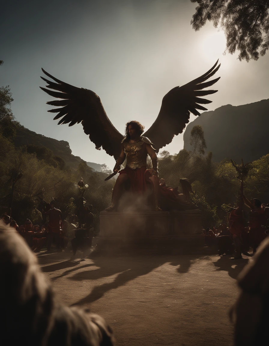 cinematic image, Fight between demon angels and St. Michael, facing the audience, (realidade :1.3), uma das obras mais bonitas do mundo, detalhado, Action Shooting, Fundo antigo do jardim do eden, fotos realistas, CG, Art Station