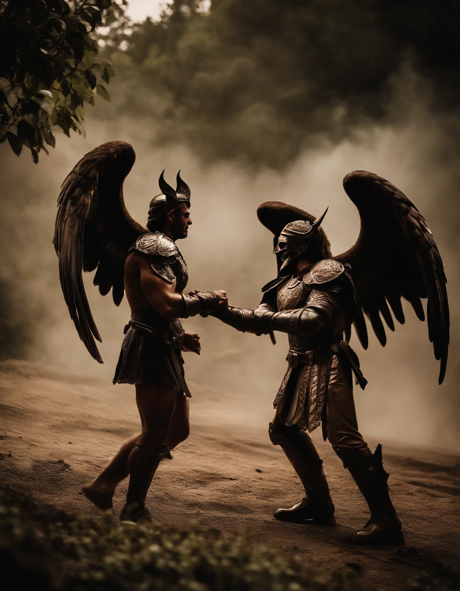 cinematic image, Fight between demon angels and St. Michael, facing the audience, (realidade :1.3), uma das obras mais bonitas do mundo, detalhado, Action Shooting, Fundo antigo do jardim do eden, fotos realistas, CG, Art Station