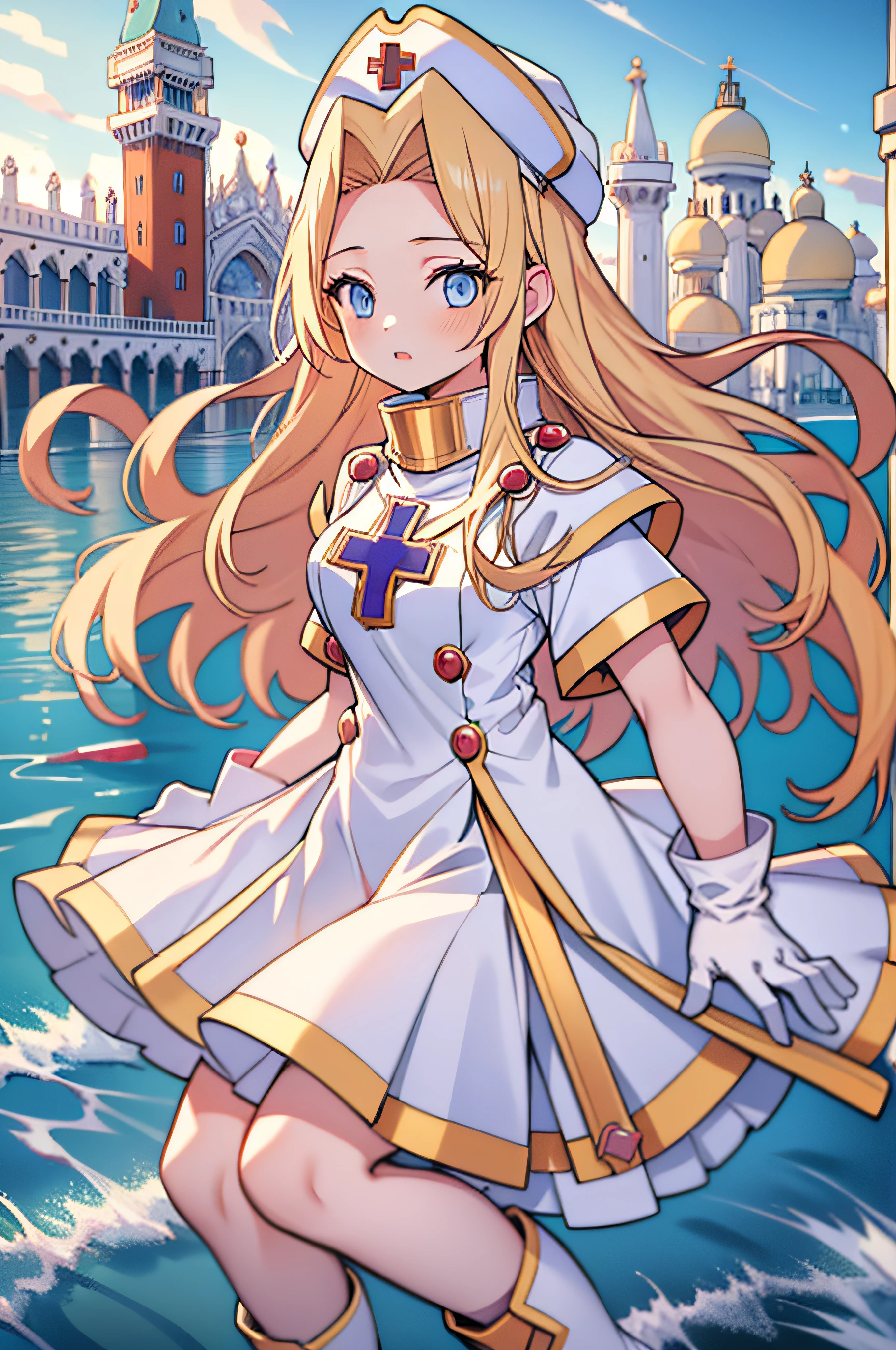 masterpiece, higher, highly detailed, absurdres, ToPmint, 1girl, hat, long hair, blonde hair, blue eyes, gloves, dress,cross, boots, long skirt, venice, on boat, hdr, 4K