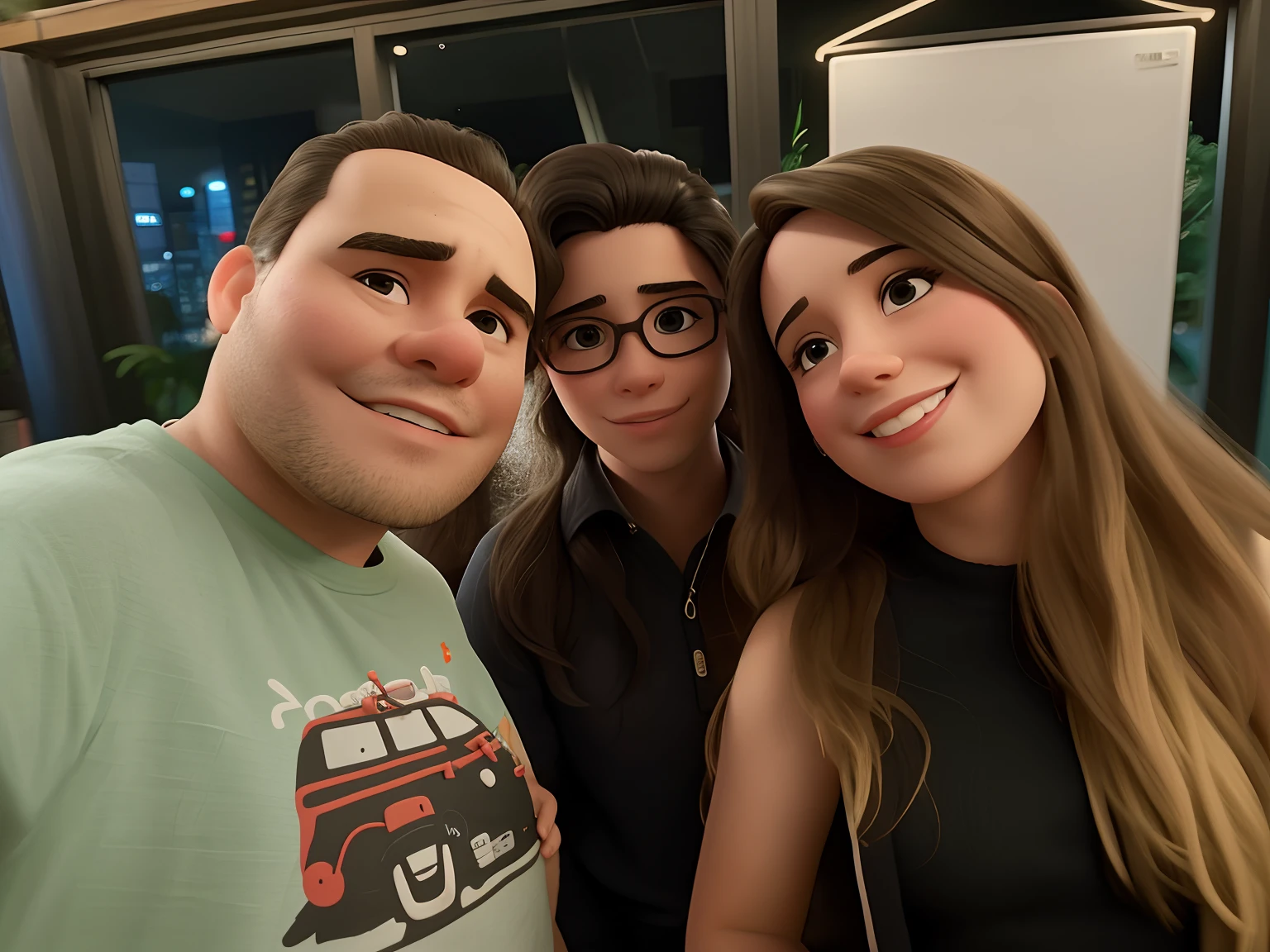 There are three people posing for a photo together in a restaurant, photo taken at night, imagem de perfil, imagem de qualidade muito baixa, Alanis Guillen, non blurry, Directed by: Nandor Soldier, facebook post, instagram post, foto de perfil, Directed by: Robbie Trevino, foto do perfil, Postagem no Reddit, by Amelia Peláez, Alex Yanes, belos arredores