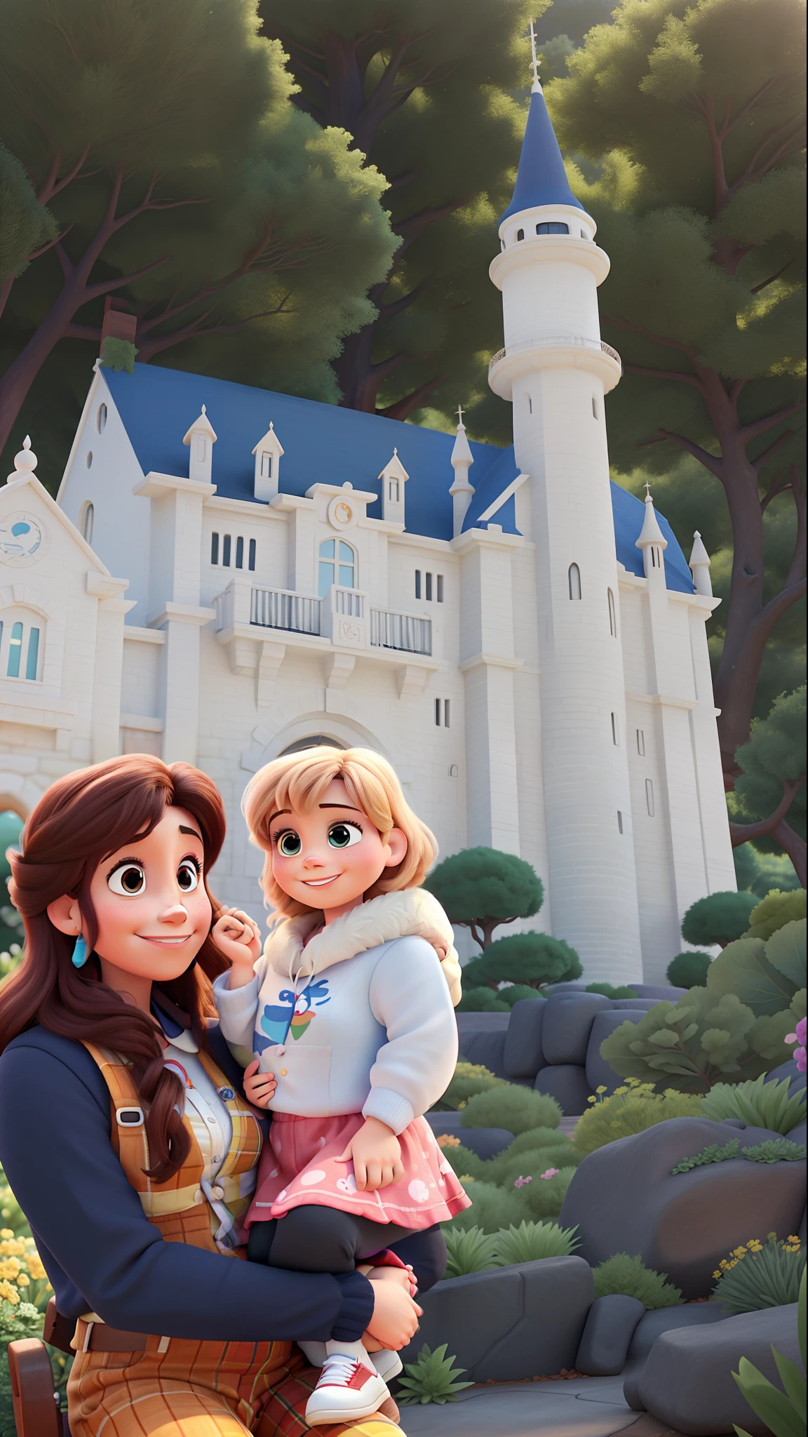 Um cartaz estilo Disney Pixar. A mother with her child on her lap.