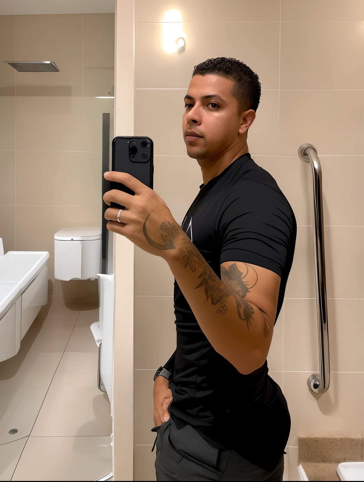there is a man taking a selfie in a bathroom mirror, Ronaldo Luis Nazario da Lima, Ronaldo Luis Nazario de Lima, caio santos, imagem de perfil, he is wearing a black t-shirt, taken in the early 2020s, luis melo, andres rios, ele tem cerca de 3 0 anos de idade, ele tem cerca de 30 anos