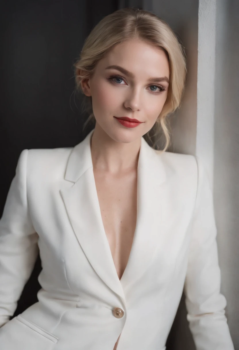 Gwendolyn Stacy steps into the world of spiders, Aim for a《Step into Spider-Man》Film Style, Stood up, Looking at the camera, Pitch black background, Oledo Wallpapers, White suit, Smiling,a blond TOKYOcty