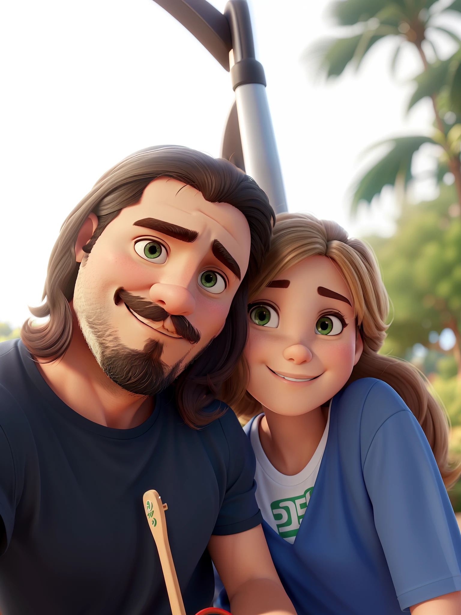 Casal estilo disney pixar melhor qualidade alta qualidade. White man in cap and beard, Palmeiras t-shirt and ukulele in his hands ,mulher negra clara cabelo curto Chanel liso, big breasts, Palmeiras t-shirt and three dogs, um Shitzu marrom e branco, e dois labradores pretos