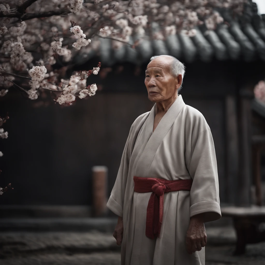 Heavy snow background image，The back of an old man in a robe，low-saturation，One or two plum blossoms bloom in the corner，ink wash style