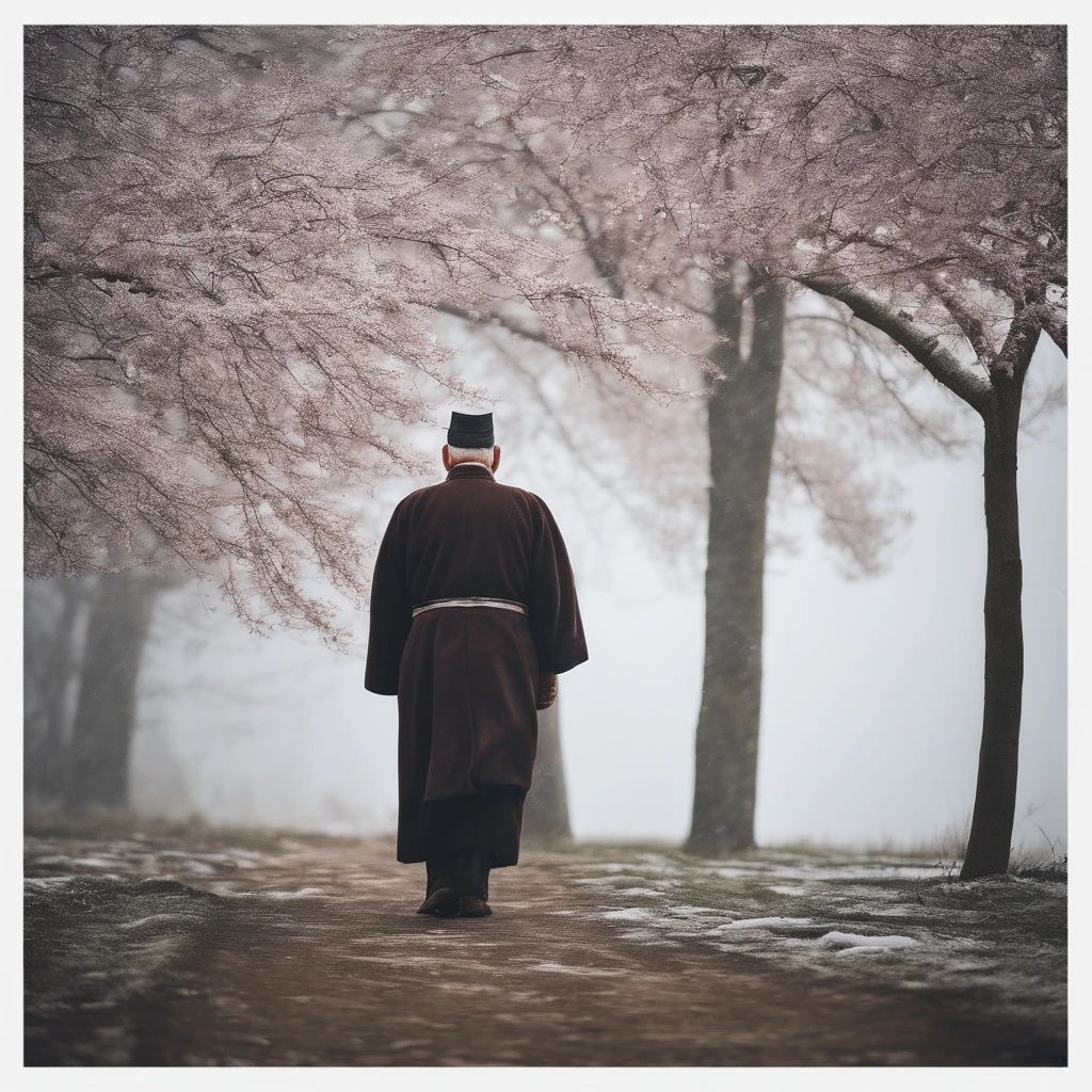 Heavy snow background image,The back of an old man in a robe,low-saturation,One or two plum blossoms bloom in the corner,ink wash style