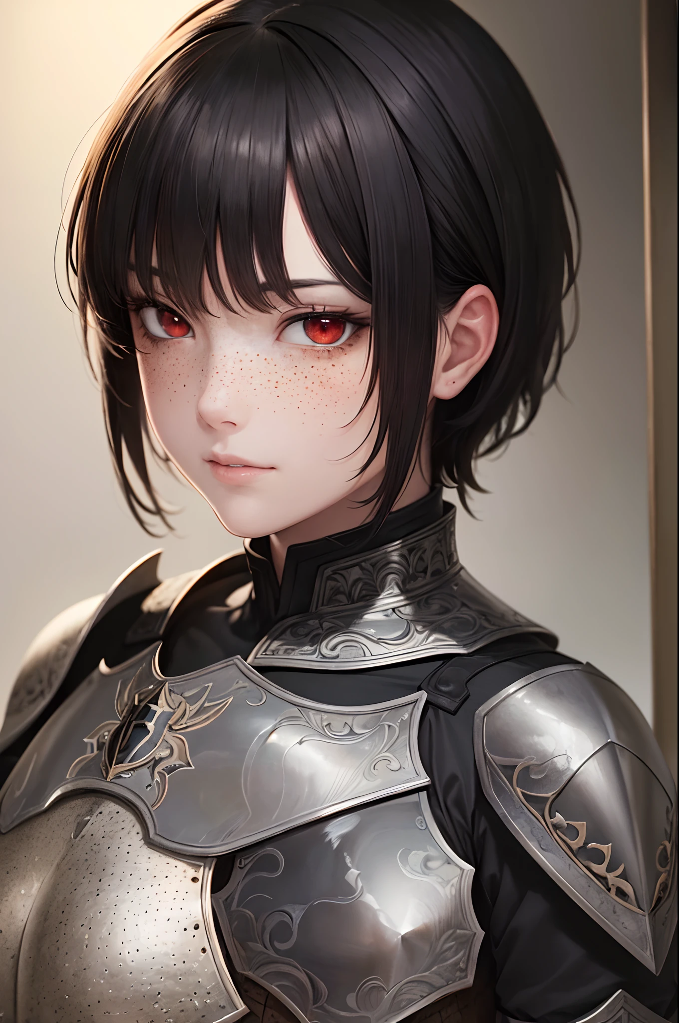 masterpiece, (realistic), highres, highly detailed, intricate, beautiful woman, Short Black hair, red eyes, freckles, detailed face, knight, armor