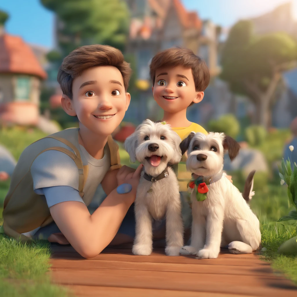 Lucas is a smiling 5-year-old human boy, com seu fiel amigo, Bolt, o cachorro schnauzer, deitados no jardim