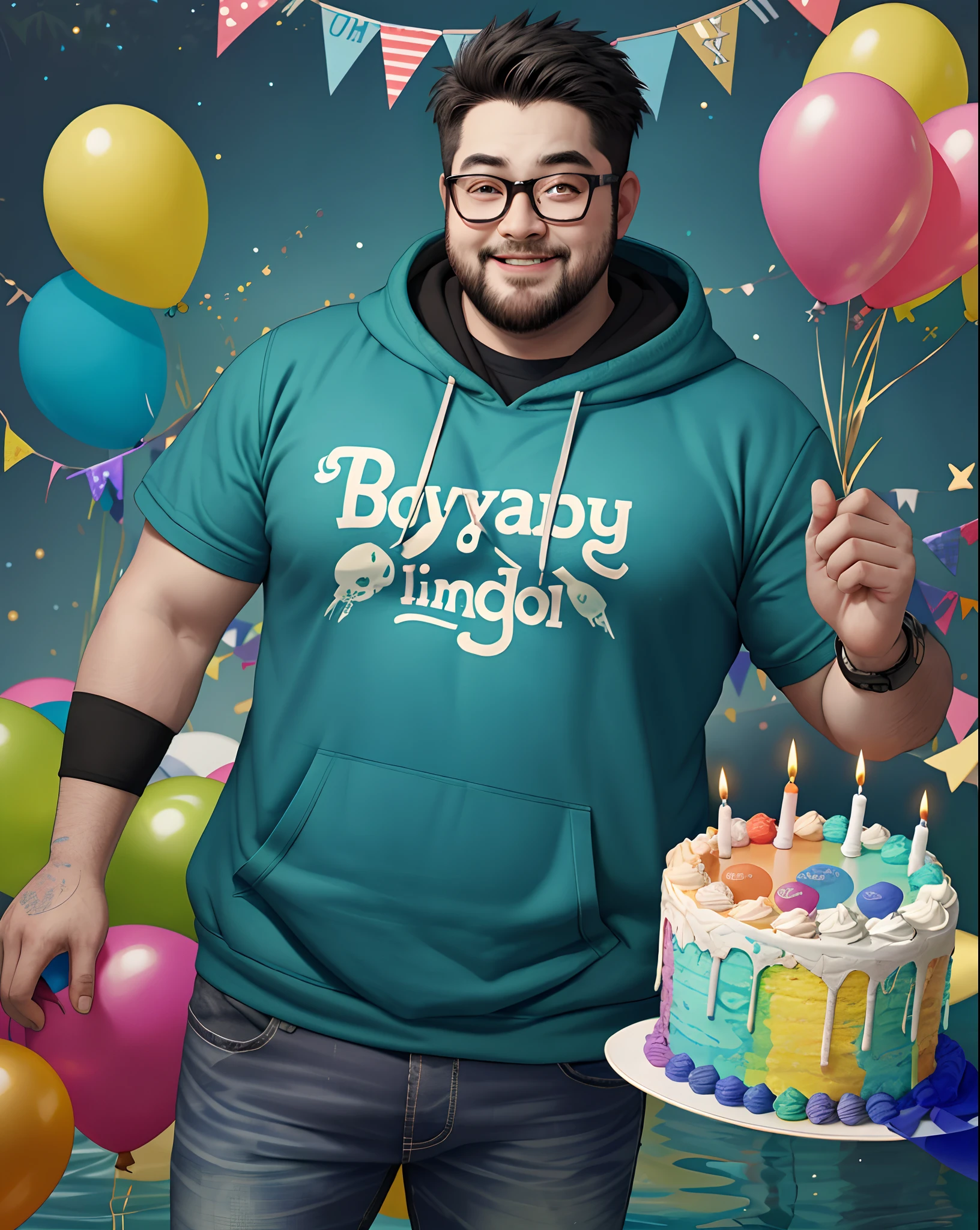 1boy, (apocalypse:1.2) fat boy with spectacles in hoody celebrate birthday party, Super detail and vibrant colors, Cake and candles super detailed, balloons decorations, (swamp_background:1.2)