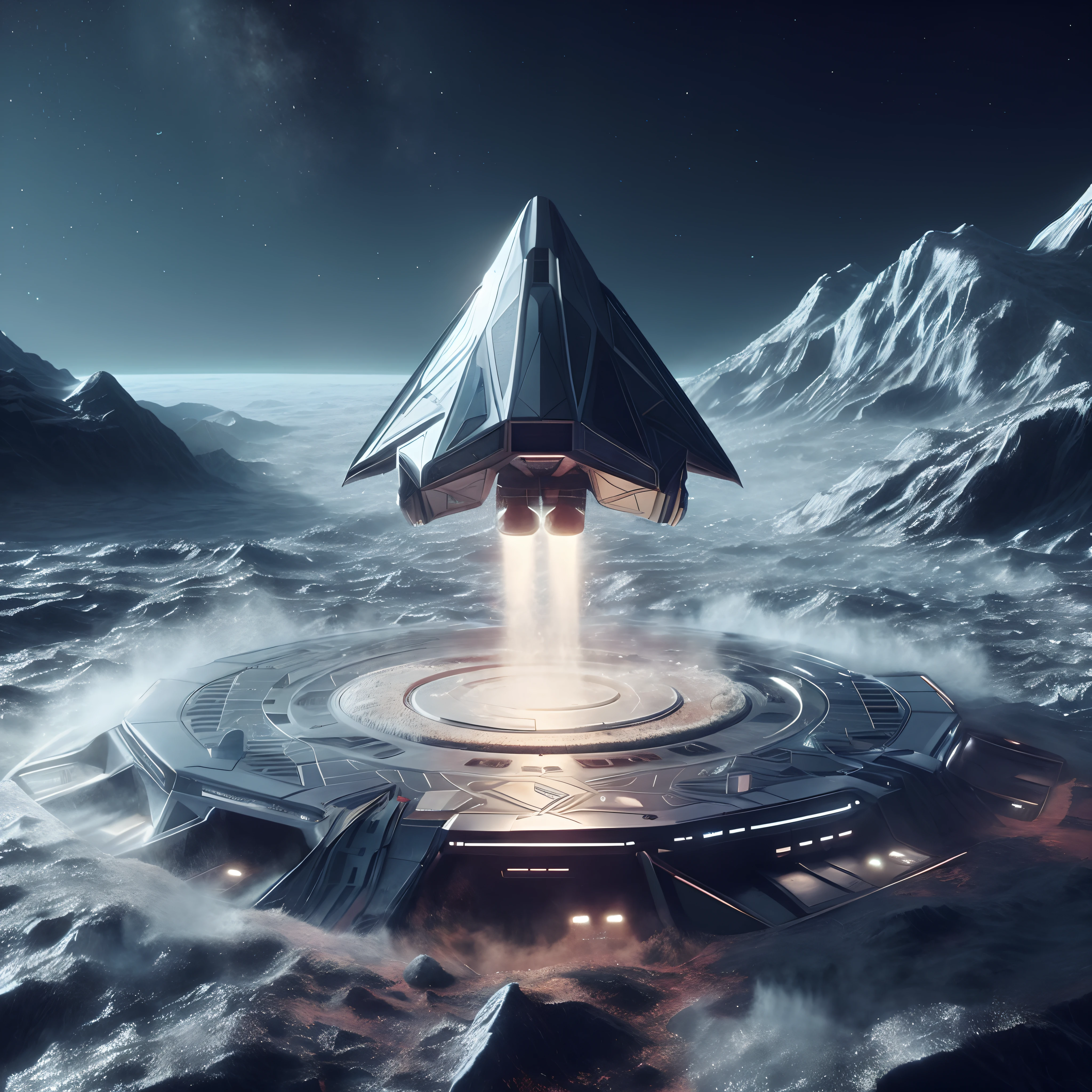 spaceship landing on a planet with a mountain in the background, aurora spaceship environment, spaceship landing, futuristic spaceship, star citizen halo, space ship above an island, star citizen digital art, futuristic starship, 8 k high detail concept art, scifi spaceship, 3 d render of a scifi spaceport, spaceship flies in the distance, spaceship in a dry river bed, alien starship