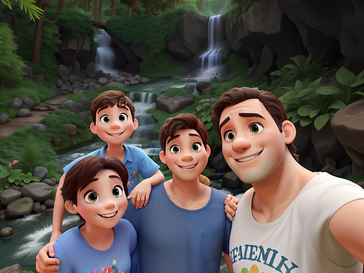 Happy family in the forest and waterfall disney style