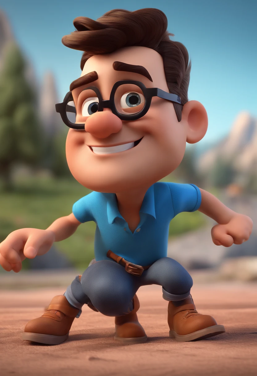 Cartoon character of a man with black glasses and a blue shirt, animation character, Caractere estilizado, animation style rendering, 3D estilizado, Arnold Maya render, 3 d render stylized, toon render keyshot, Personagem 3D, Personagem 3D, 3d rendering stylized, 3 d character render, personagem de desenho animado, Personagem de close up, Pose de personagem,  (Estilo Pixar) (master part:1.2) (Bokeh) (best quality) (pele detalhada) (textura detalhada) (8k) (argila) (Cinematic lighting) (foco nítido