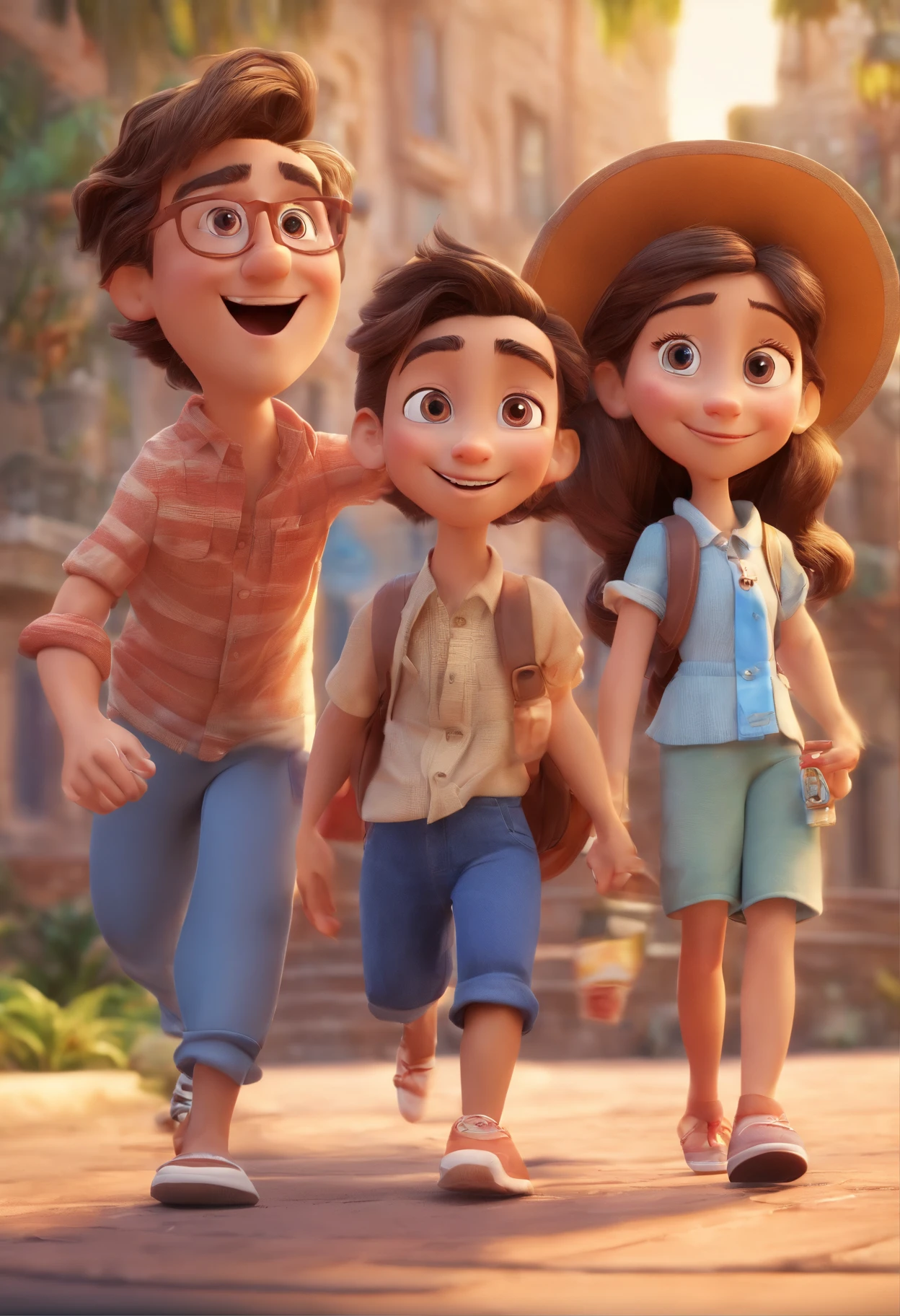 Cartoon of friends having fun on vacation together,  3D Animation Movie Poster, Poster de filme animado, pixar 3 d animation style, pixar renderman rendering, maia 8 mil, animated film, Disney Pixar Estilo 3D, amigos felizes saem juntos, all wearing light blue shirts and cream brown long pants, camisa azul clara, cream brown pants, ao ar livre, vacation, Disney Pixar Animation Poster