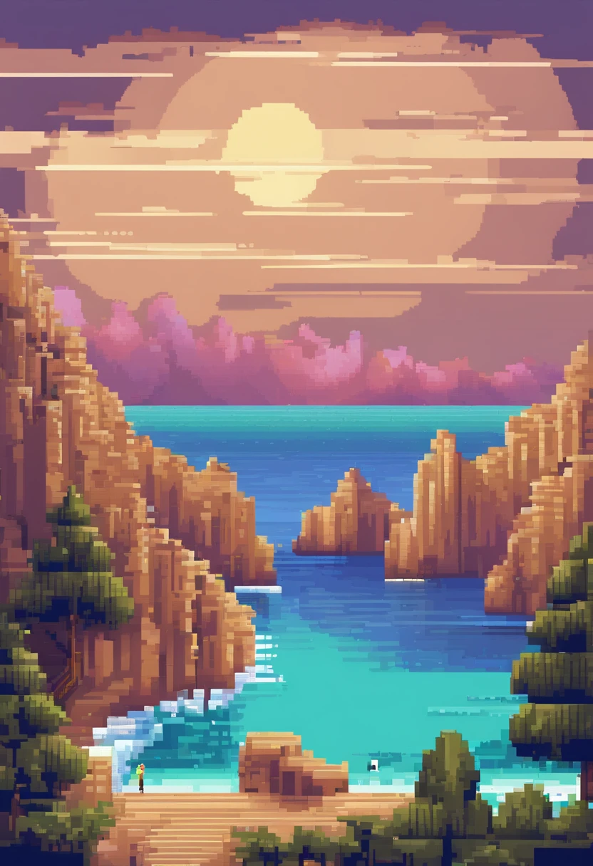 Landscape of the tourist destination Pixel Art. Noite. Pixel Art 3D Papel de parede 4K. Amazing pixel art details. Pixel Art. Ondas de vapor. Pixel Art detalhado do mecanismo irreal