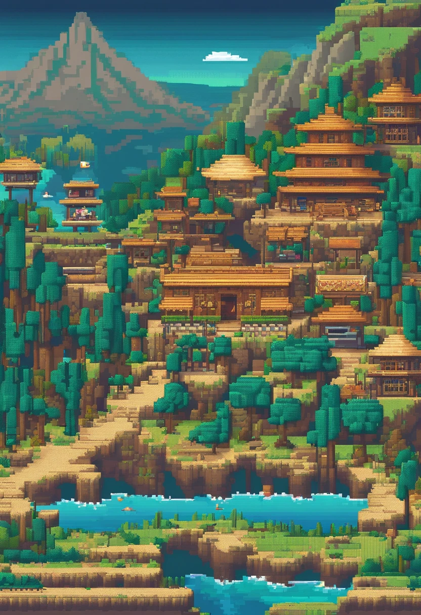 Landscape of the tourist destination Pixel Art. Noite. Pixel Art 3D Papel de parede 4K. Amazing pixel art details. Pixel Art. Ondas de vapor. Pixel Art detalhado do mecanismo irreal
