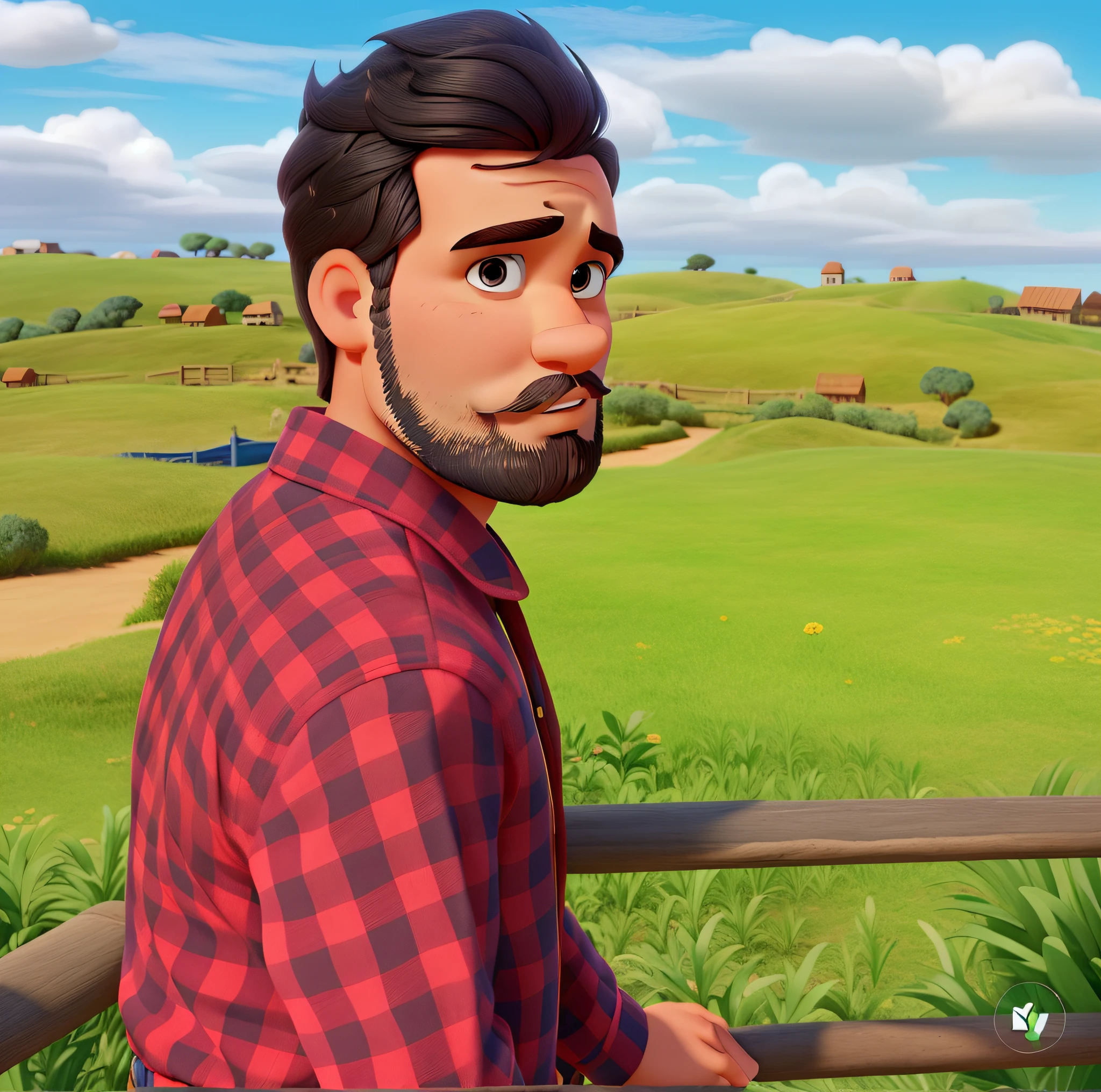um homem branco com barba e olhos pequenos estilo disney pixar, alta qualidade, melhor qualidade