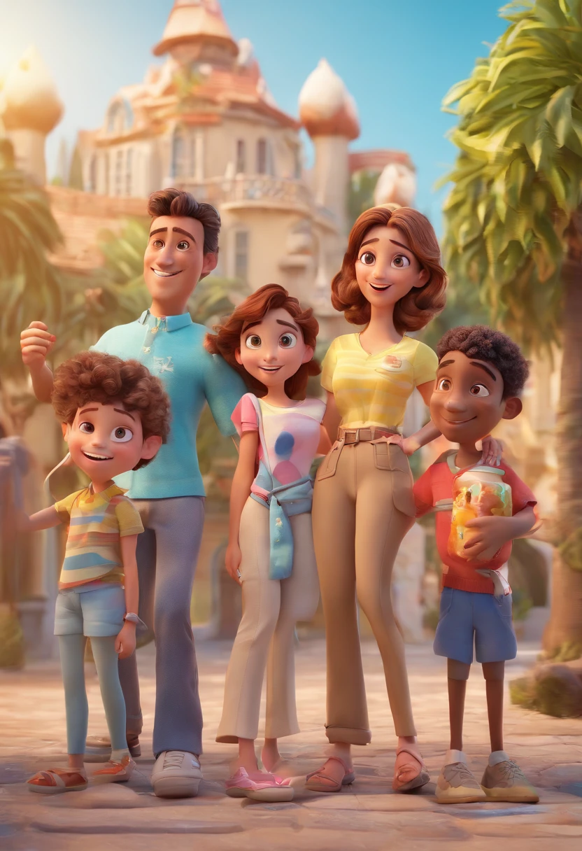 Cartoon of friends having fun on vacation together,  3D Animation Movie Poster, Poster de filme animado, pixar 3 d animation style, pixar renderman rendering, maia 8 mil, animated film, Disney Pixar Estilo 3D, amigos felizes saem juntos, all wearing light blue shirts and cream brown long pants, camisa azul clara, cream brown pants, ao ar livre, vacation, Disney Pixar Animation Poster