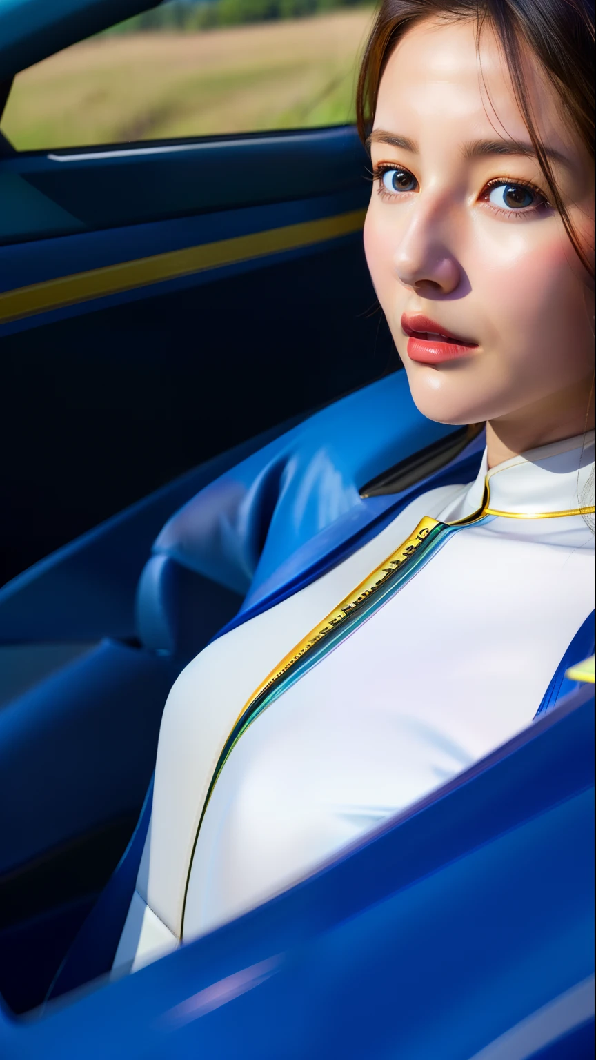 (skindentation:1.2), (realistic:1.1), best quality, photorealistic, 1 girl, convertible car, supercar, 2 seat car, long road, Seat beside the driver, trip, pureerosface v1