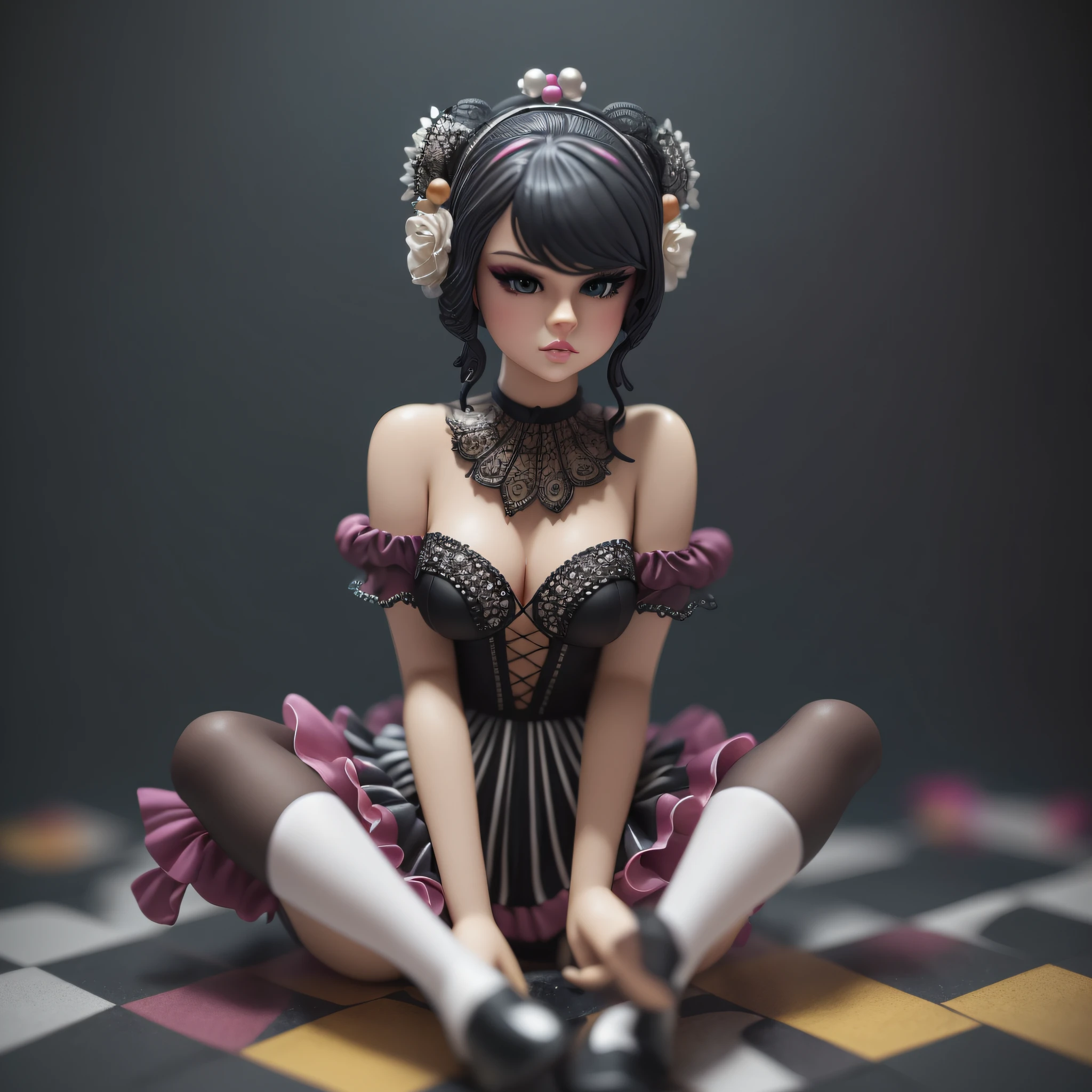 arafed woman ((Selena Gomez)) in a black and white outfit sitting on a floor, a portrait inspired by Ray Caesar, tumblr, pop surrealism, goth clown girl, intricate clown makeup, intricate clown costume, clown girl, creepy clown girl, natalie shau, jester themed, jester, adrian borda, cutecore clowncore, portrait of circus artist, avant garde fashion model pop up parade figure, seductive anime girl, anime figure, anime figurine, seductive. highly detailed, aoshima chiho, ( highly detailed figure ), pvc figurine (((masterpiece))) (((best quality)))