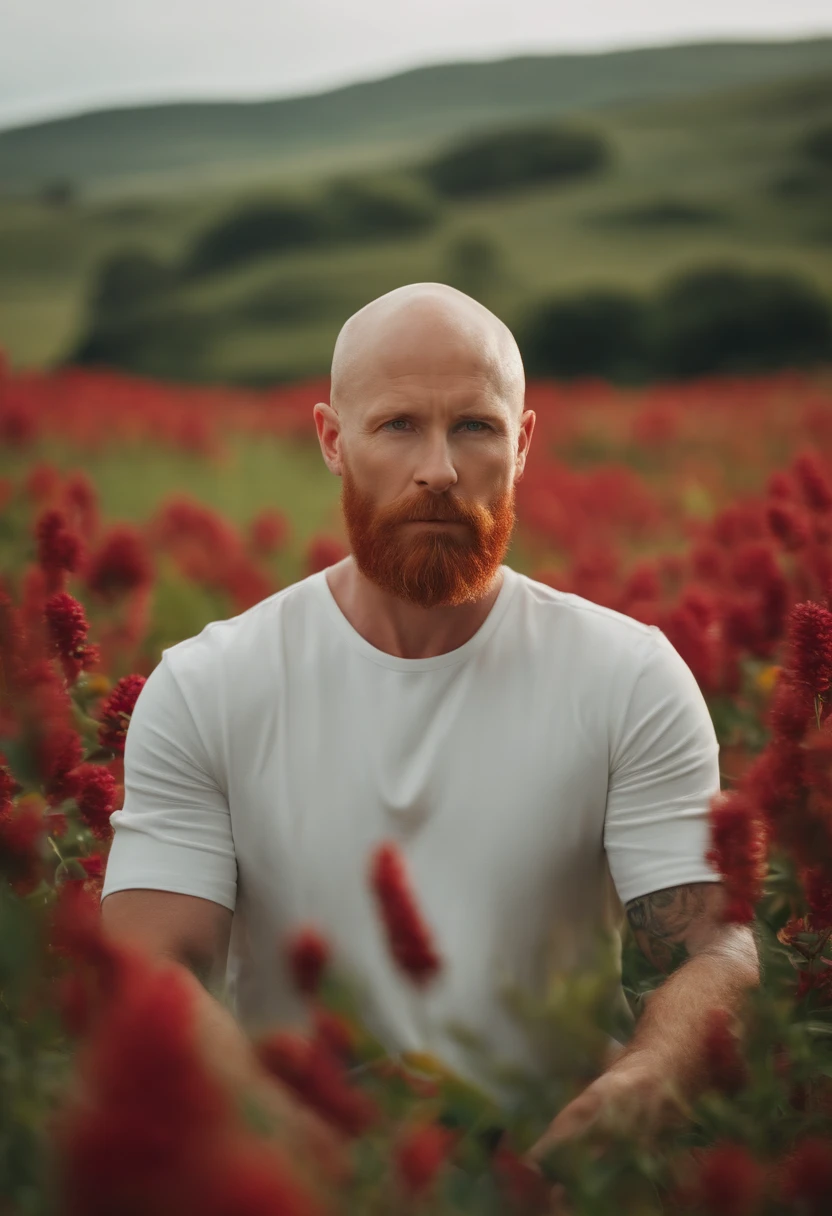 A 40-year-old red-haired man shaved hair without beard in a square with green landscape