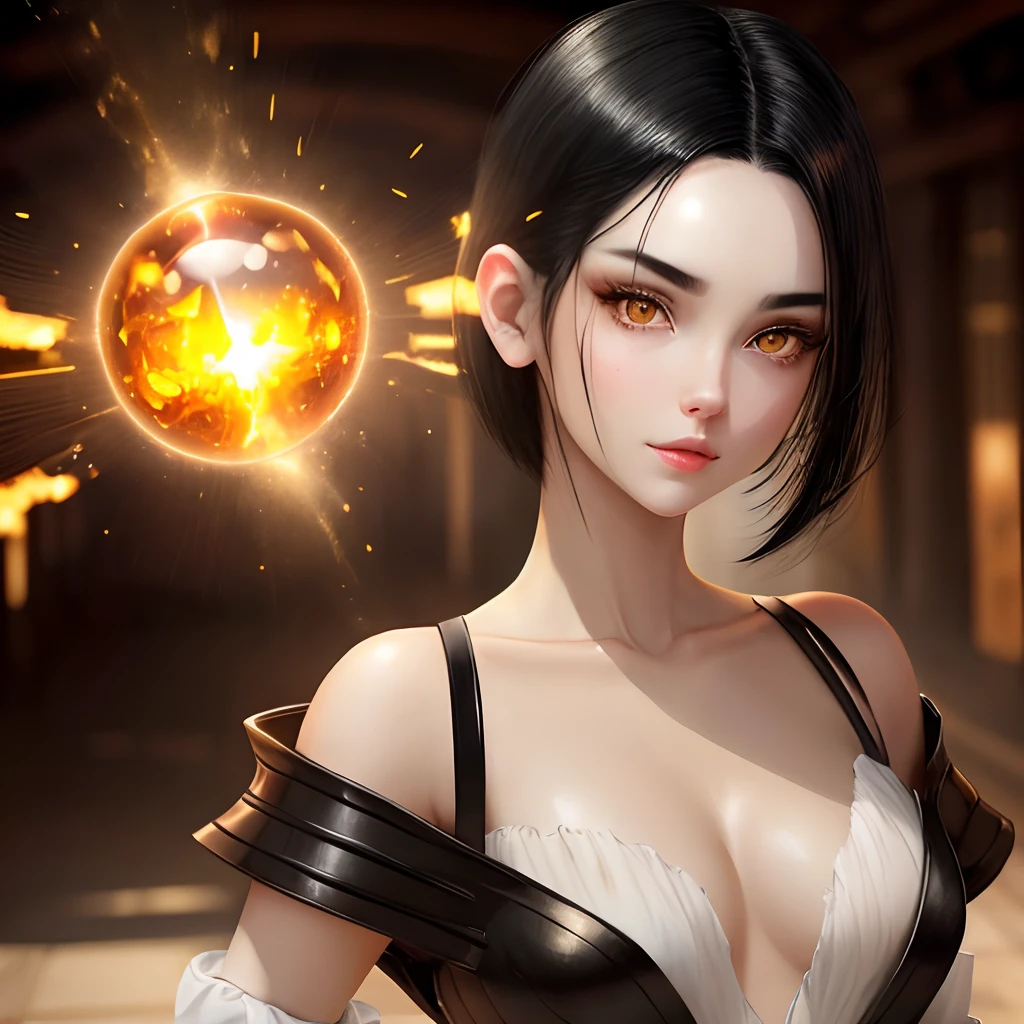 white race female with black hair that fades into an amber, bright amber eyes