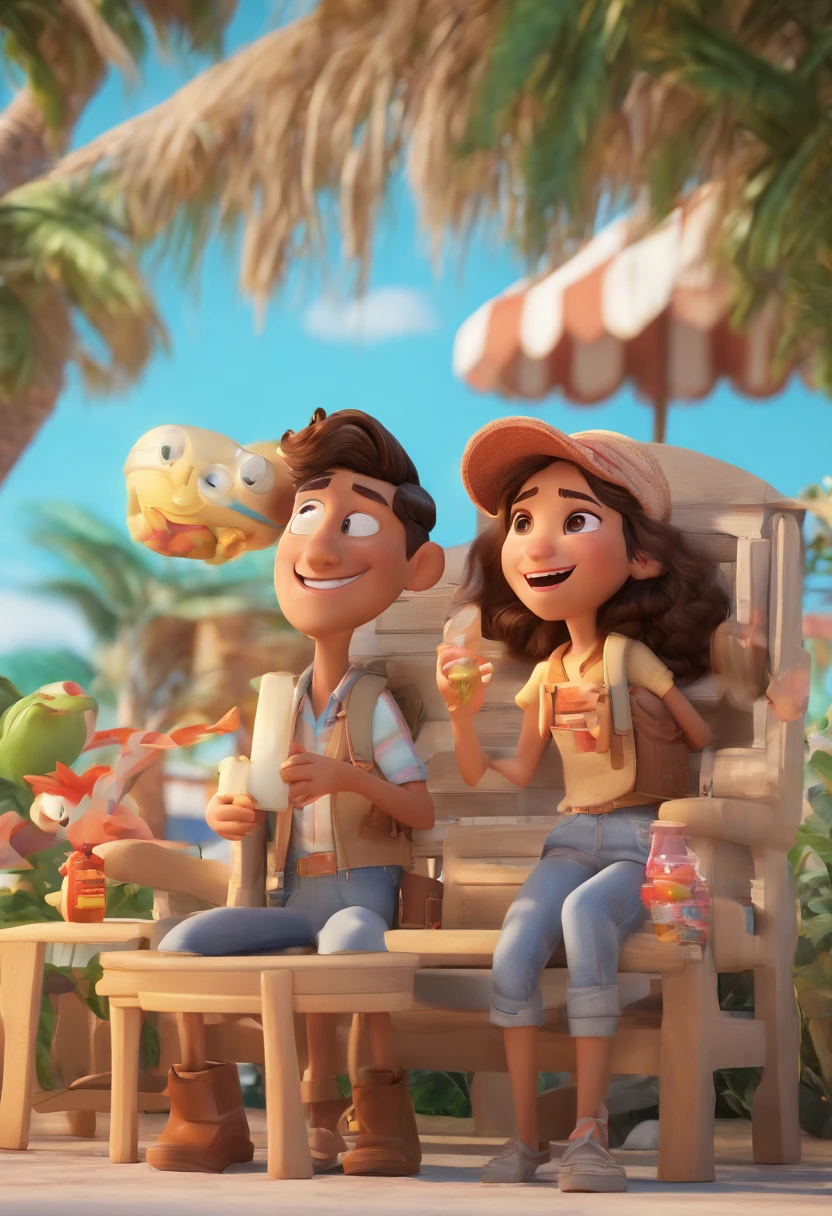 Cartoon of friends having fun on vacation together, 3D Animation Movie Poster, Poster de filme animado, pixar 3 d animation style, pixar renderman rendering, maia 8 mil, animated film, Disney Pixar Estilo 3D, amigos felizes saem juntos, all wearing light blue shirts and cream brown long pants, camisa azul clara, cream brown pants, ao ar livre, vacation, Disney Pixar Animation Poster