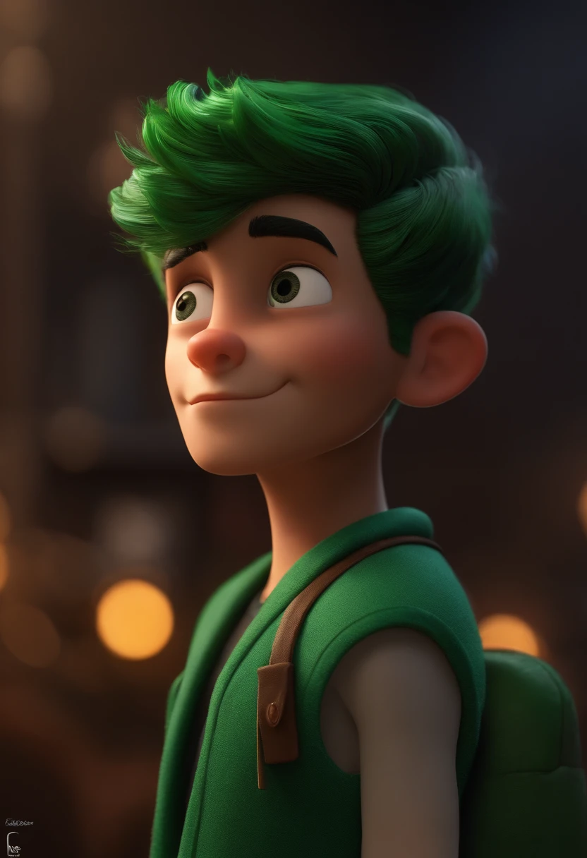 Image of a boy for a story in Pixar format, He's tall, tem olhos verdes e cabelo preto cacheado.