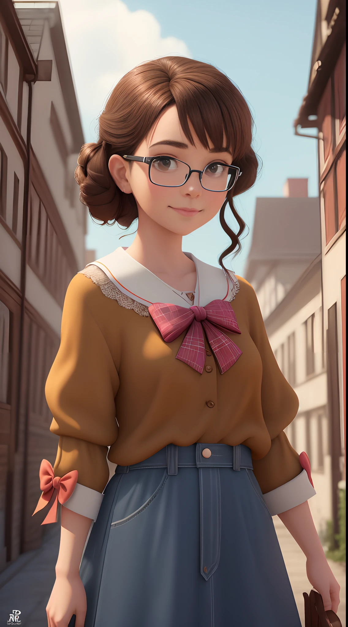I would like a Disney Pixar style poster in 3D in 4k.
The scenery is a background with bows. The main character is a woman, medium-sized brown hair, de aproximadamente 30 anos.
Her skin is brown, Brown eyes with glasses
I would like it to have a bow in the character's hand and to have it in your studio.