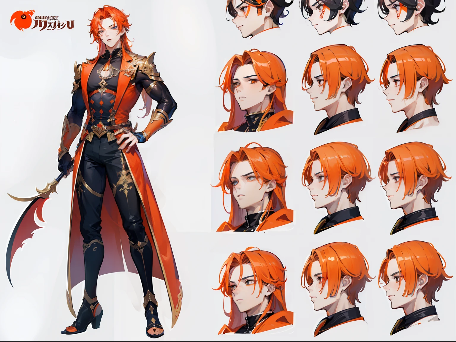 ((Masterpiece, Highest quality)), Male, boy, Detailed face, character design sheet, full bodyesbian, Full of details, frontal body view, back body view, Highly detailed, Depth, Many parts, Muscle boy with orange long hair,handsome man, vampire outfit clothes, Genshin Impact, man tall