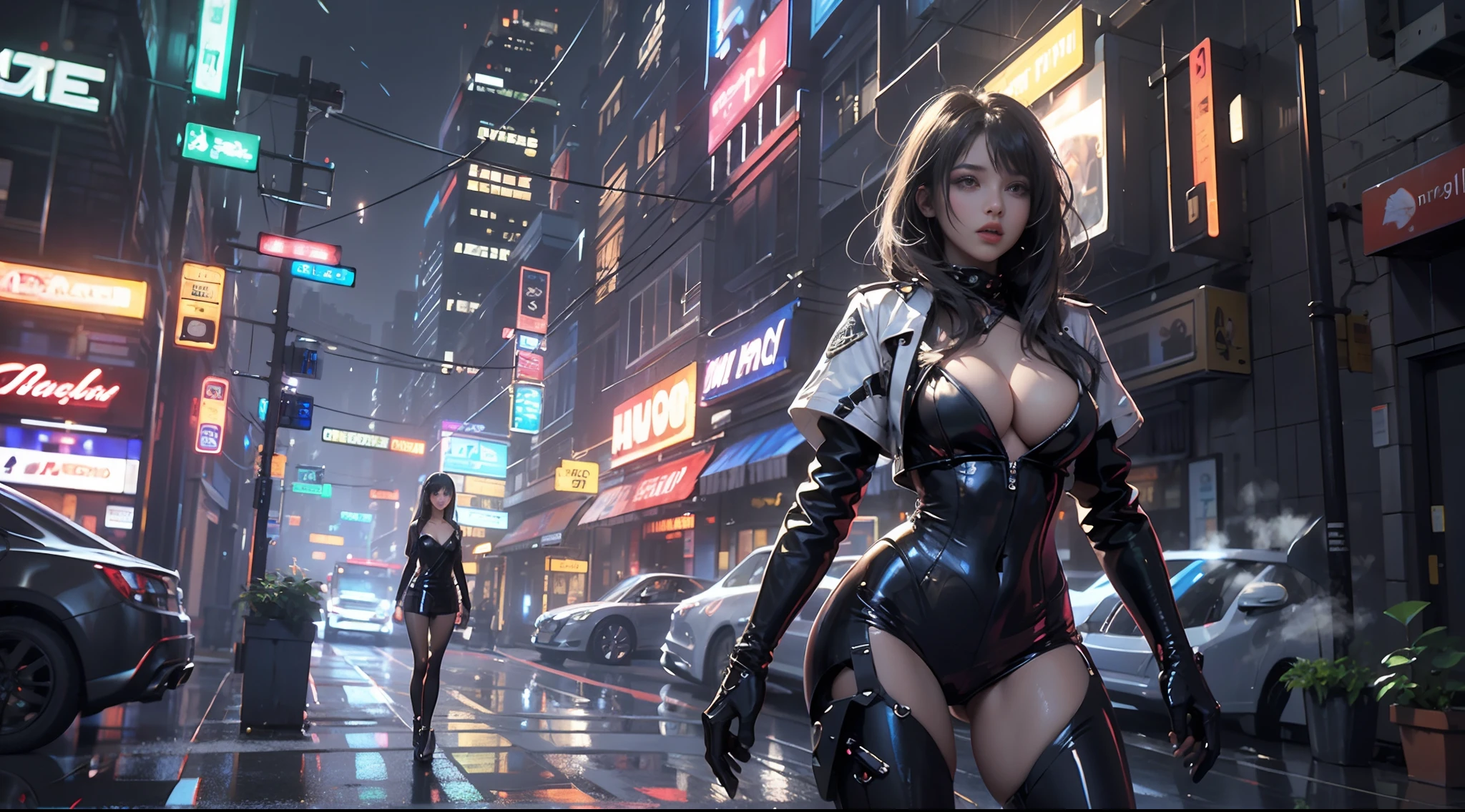 1girll,Solo,mediuml breasts, (Shiny black hair),Black tight leather jacket, (cleavage), Slim and sexy body, hyper HD, 8K,dramatics,(Mid-range portrait),The city of the future,street corner,the night,Sateen,volume fog,steamy