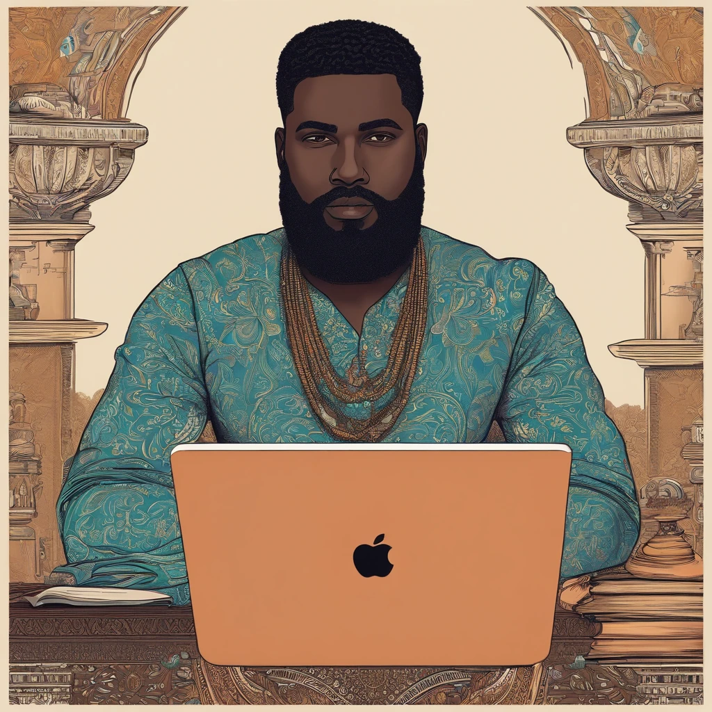 art homem negro careca, barba baixa mechada, com um alargador pequeno na orelha esquerda, writing a Swift code on MacBook